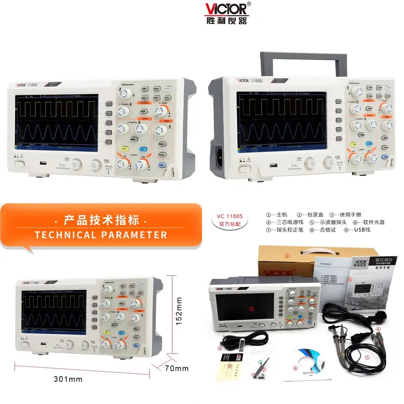Oscyloskop VICTOR 1100S, pasmo – Digital Storage Oscilloscope 100Mhz recenzja i cena